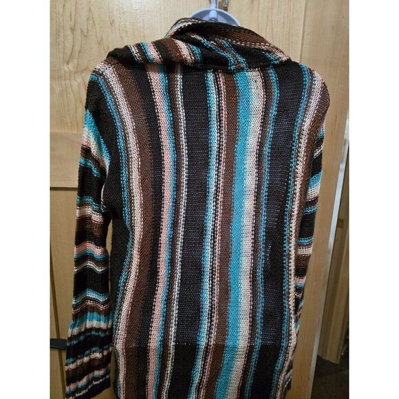 Rock & Roll Denim Striped Knit Sweater With Hood - Brown/Blue/White/Pink Boho - Picture 5 of 8